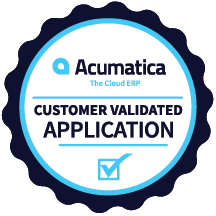 Acumatica Customer Validated Badge. It is a round black and blue badge with 'customer validated application' in the center.